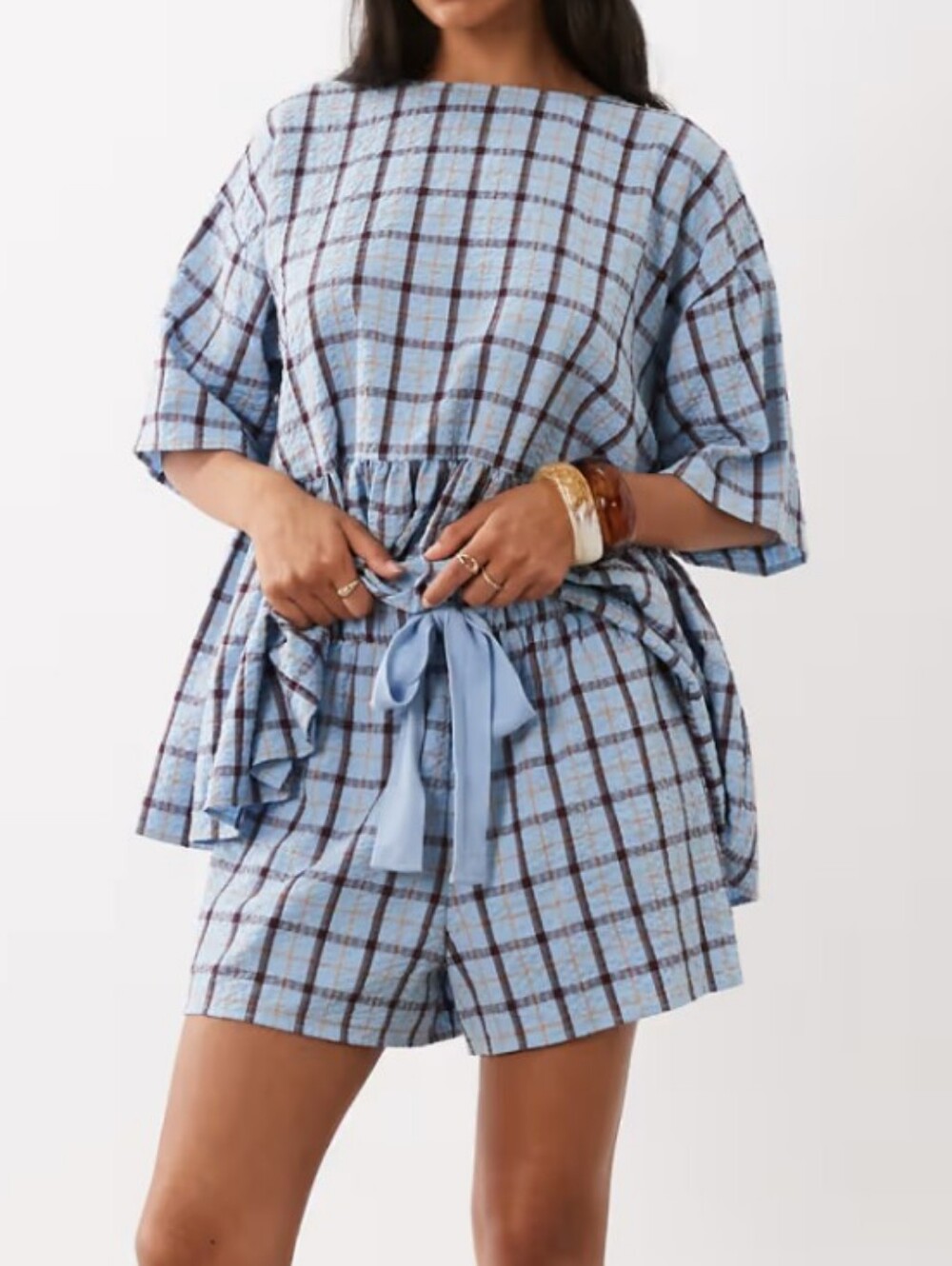 ASOS DESIGN Tie Waist Pocket Detail Shorts In Blue Check - Size 8